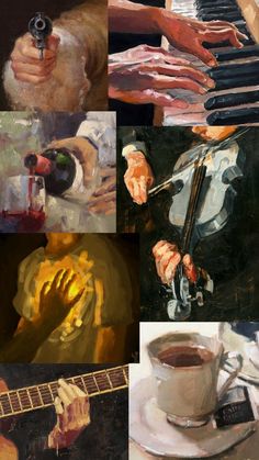 several different paintings of hands and objects that appear to have been painted in oil or acrylic