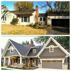 before and after pictures of a house in the fall or early winter, compared to today