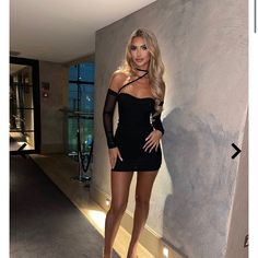 Super Cute! Mesh Arms Neck Tie Black Stockings With Dress, Club Outfits Classy, Party Dresses Short Clubwear, Club Outfits Dresses, Long Sleeve Club Dress, Club Dresses Short, Clubbing Outfit, Black Dress Style, Edgy Dress