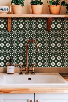 a kitchen sink with potted plants on the shelf above it and a green tiled wall behind it