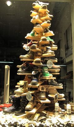 there is a shoe tree made out of shoes