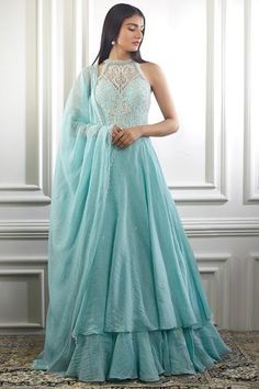 Shop for Mandira Wirk Blue Chanderi Anarkali Set for Women Online at Aza Fashions Sleeveless Anarkali, Chanderi Anarkali, Western Dresses For Women, Dress Patterns Diy, Happy Dresses, Indian Bride Outfits, Embroidered Anarkali, Gowns Dresses Elegant, Blouse Designs Indian