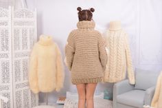 "MATERIAL : 5 strands of 100 % soft wool & 10 strands of mohair yaen in the cables COLOUR : Beige & Cream ( There may be a slight difference because of the different monitors' representation) ♥ In the picture the model is wearing a garment with these measurements : A: ( Body lenght) : 29.5 \" / 75 cm B: ( Chest width) : 21.3 \" / 54 cm C: (Sleeve from under the arm) : 21.7 \" / 55 cm D: (Neck unrolled) : 11.8 \" / 30 cm They are taken with the item laid flat and not streched. ♥ For choos Beige Mohair Winter Sweater, Cozy Mohair Sweater With Cable Knit, Cozy Mohair Cable Knit Sweater, Sweater Chunky, Fluffy Socks, Fluffy Sweater, Winter Socks, Cable Sweater, Mohair Wool