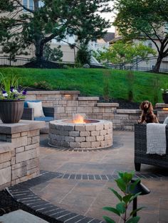 a dog sitting on a chair next to a fire pit in the middle of a yard