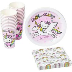 hello kitty party supplies including plates, napkins and cups with unicorn design on them