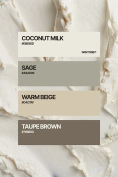 the color scheme for coconut milk is shown in shades of beige, brown and white