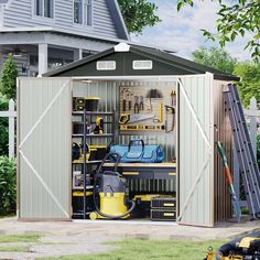 a garage is shown with tools and equipment in the storage area, as well as a lawn mower