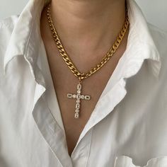 Large Gold Cross Necklace Large Oversized Cross Necklace Chunky Gold Chain Layering Necklace Statement Choker - Etsy Gold Cross Figaro Chain Necklace, Gold Figaro Chain Cross Necklace, Gold Cuban Link Necklace Metal Gift, Gold Figaro Chain Necklace With Cross Shape, Gold Metal Cuban Link Necklace As Gift, Gold Figaro Chain Necklace With Cross Pendant, Gold Metal Cuban Link Necklace For Gift, Metal Cross Pendant Chain Necklace, Gold Cross Pendant Chain Jewelry