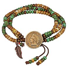 This stylish  genuine leather bracelet has three strands of beads and a genuine Indian Cent. The copper Indian Head Cent  minted from 1859 to 1909  was designed by James B. Longacre and features Lady Liberty wearing a headdress. The Indian Head Penny coordinates with the earthy colored Czech glass beads and copper tone feather charm. The leather bracelet is a one size fits all and is easily adjustable. The bracelet comes in a jewelry pouch and includes a Certificate of Authenticity. Adjustable Vintage Bronze Beaded Bracelets, Traditional Adjustable Multi-strand Beaded Bracelet, Vintage Brown Beaded Bracelets For Festival, Vintage Brown Beaded Festival Bracelets, Vintage Brown Beaded Festival Bracelet, Southwestern Style Adjustable Jewelry With 108 Beads, Vintage Brown Hand-wrapped Bracelets, Genuine Leather Bracelet, Multi Strand Bracelet