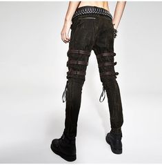 Gothic Punk Black & Brown Adjustable Straps Zipper Pockets Lace Denim Pants Steampunk Trousers, Steampunk Male, Classic Steampunk, Steampunk Pants, Rock Style Outfits, Pants Boots, Mode Punk, Style Steampunk, Moda Punk