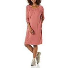 Amazon Essentials Women's Gathered Neckline Maternity Dress In Brick Red New With Tags Size Xl Casual Long Sleeve Maternity Dress, Pink Relaxed Fit Dress For Fall, Red Loungewear Dress For Spring, Casual Maternity Dress In Solid Color, Casual Solid Color Maternity Dress, Red Casual Loungewear Dresses, Casual Red Loungewear Dress, Casual Knee-length Maternity Dresses, Backless Slip Dress