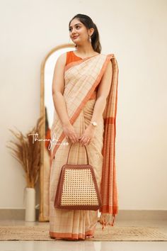 Marriage Girl, Formal Saree, Khadi Cotton Saree, Checks Saree, Khadi Saree, Orange Saree, Dressing Style, Saree Design, Silk Cotton Sarees