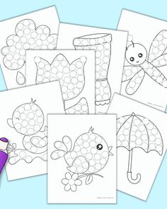 four coloring pages with pictures of different animals and umbrellas on them, one is for the