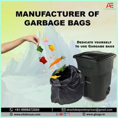 an advertisement for the manufacturer of garbage bags, including carrots and other vegetables flying out of a trash can