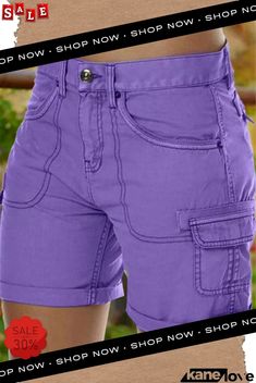 Women's High Waist Daily Casual Shorts for Summer Summer Stretch Cargo Shorts, Stretch Summer Shorts With Cargo Pockets, Stretch Cargo Shorts With Pockets For Summer, Trendy Solid Color Short Bottoms, Trendy Short Solid Color Bottoms, High Waist Solid Purple Bottoms, Casual Stretch Shorts With Pockets, Purple Solid Color Bottoms For Spring, Spring Purple Solid Bottoms