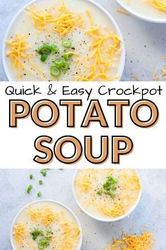 two bowls filled with potato soup and topped with cheese