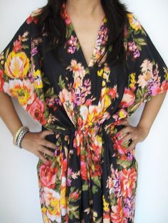 Floral Kaftan  Caftan Perfect long dress  For to be by JustCottons V-neck Floral Print Festival Cover-up, Bohemian V-neck Tropical Print Cover-up, Bohemian Black Short Sleeve Cover-up, Tropical V-neck Beach Dress For Festival, Floral Print V-neck Kaftan For Beach, Summer Multicolor Kaftan With Kimono Sleeves, Black Bohemian Kaftan With Floral Print, Floral Print Maxi Length Summer Kimono, Bohemian Short Sleeve Beach Dress With Floral Print