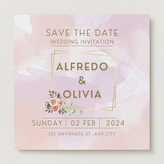 save the date card with pink watercolor paint and gold frame on it for an elegant wedding