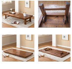 four different views of a coffee table and bench in various stages of being placed on the floor