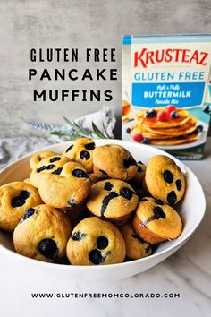 gluten free pancake muffins with blueberries in a white bowl