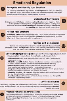 Emotional regulation involves various strategies and techniques that can help you manage and modulate your emotions effectively. Here's a step-by-step guide on how to practice emotional regulation. By incorporating these strategies into your daily life and practicing consistently, you can enhance your ability to regulate your emotions effectively and navigate life's challenges with resilience and self-awarness. #emotionalregulation #mentalwellness #mentalwellbeing #health #wellness Regulate Your Emotions, How To Manage Emotions Adults, Emotion Regulation Skills, Emotional Regulation Strategies, How To Emotionally Heal, Controlling Emotions Self Regulation, Regulate Emotions Adults, Emotional Regulation Techniques, Emotional Self Regulation