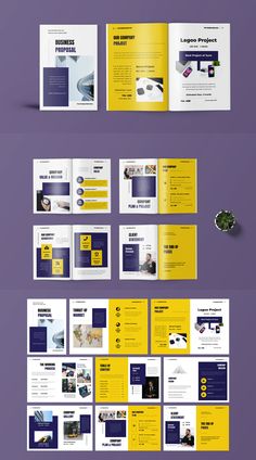 a bunch of yellow and blue brochures on a purple background with the same color scheme