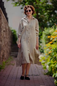 "A stunning linen long shirt MAL that goes great with jeans or on its own. You can wear it as a dress, as a jacket or as a long shirt. Handmade from soft stonewashed organic linen fabric. Perfect for any occasion. - - - - - - - - - - - - - - - - - - - - - - - - - - - - - Important * Kindly note in reality, the color may be brighter or darker, depending on the resolution and technical capabilities of your computer * Please select the color you like in the drop-down menu * If you need help with de Linen Long Sleeve Shirt Dress With Button Closure, Summer Linen Shirt Dress With Button Closure, Collared Beige Linen Shirt Dress, Casual Spring Linen Dress With Button Closure, Beige Linen Collared Shirt Dress, Casual Beige Linen Long Sleeve Dress, Beige Collared Linen Shirt Dress, Beige Long Sleeve Casual Linen Dress, Casual Beige Long Sleeve Linen Dress