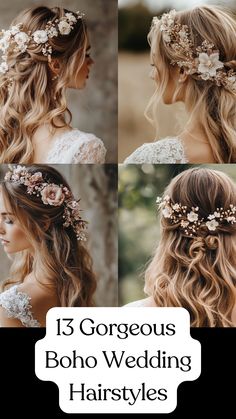 Boho wedding hairstyle with loose waves adorned with floral accessories, showcasing an elegant and free-spirited bridal look. Half Up Dos For Medium Hair Wedding Side Braids, Outdoor Wedding Hairstyles The Bride, Bohemian Hairstyles Wedding, Beachy Wedding Hair Long, Boho Hairstyles Wedding, Boho Wedding Hair Down, Beachy Wedding Hair, Bridal Hair Long, Elegant Bridal Hairstyles