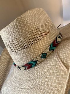 5/8 wide Cream Cross Diamond Hat Band. All bead work is beaded with 10lb extreme braided nylon line. All hat bands are finished at 23” with glued than sewed down leather ends and an adjustable leather tie. Cowboy Hat Bands, Beaded Hat Bands, Bead Loom Designs, Hat Bands, Gold Hats, Beaded Hat, Looks Country, Native Beadwork, Leather Tie