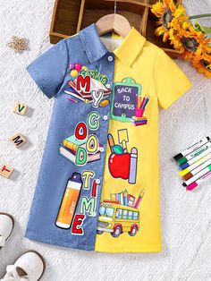 Multicolor Casual Collar Short Sleeve Fabric Cartoon,Letter Shirt Embellished Non-Stretch  Young Girls Clothing Letter Book, Letter Shirt, Print Shirt Dress, Book Letters, Cartoon Letters, Printed Shirt Dress, Book Print, Print Shirt, Primavera Estate