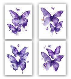 four purple butterfly paintings on white paper