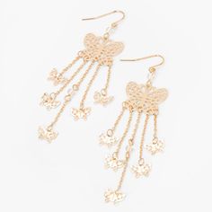 Claire's Gold 3" Filigree Butterfly Dangle Drop Earrings Party Jewelry With Butterfly Dangle Charm, Gold Metal Earrings With Butterfly Charm, Gold Earrings With Butterfly Charm, Gold Chandelier Drop Earrings For Summer, Elegant Summer Jewelry With Butterfly Charm, Gold Butterfly Charm Earrings For Party, Party Earrings With Gold Butterfly Charm, Gold Earrings With Butterfly Charm For Party, Gold Chandelier Earrings With Dangling Charms