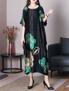 Styles: Elegant Material: 85% Silk+15% Plant Fiber Clothing Length: Mid-Calf Sleeve Length: Half Sleeve Collar: Round Neck Pattern: Printed Season: Summer #over50 #dress #elegant #heavysilk Black Silk Short Sleeve Dress, Black Silk Dress With Short Sleeves, Elegant Long Shift Maxi Dress, Elegant Black Shift Maxi Dress, Elegant Long Shift Dress, Black Silk Spring Dress, Free Size Silk Dresses For Spring, Free Size Silk Dress For Spring, Black Silk Dress For Spring