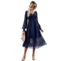 Women's V-neck Elegant Solid Color Midi Dress Flowy V-neck Long Sleeve Dress, Blue Long Sleeve V-neck Dress For Fall, Flowy V-neck Dress For Fall, Blue V-neck Long Sleeve Dress For Fall, Chic Flowy Long Sleeve V-neck Dress, Chic Flowy V-neck Long Sleeve Dress, Casual V-neck Dress For Fall, Elegant Flowy V-neck Long Sleeve Dress, Blue V-neck Long Sleeve Dress