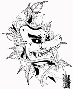 a black and white drawing of a mask with feathers on it's head, surrounded by leaves