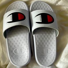 These Are Brand New Kids Slides! Champion Slides, Champion Shoes, White C, Kids Slide, Sandals Flip Flops, Shoes White, Pool Slides, New Kids, Flip Flop Sandals