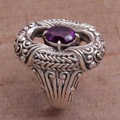 Amethyst cocktail ring, 'Purple Temple' - Amethyst and Sterling Silver Cocktail Ring from Bali Heirloom Purple Amethyst Ring With Intricate Design, Formal Spiritual Amethyst Ring, Purple Anniversary Rings With Intricate Design, Sterling Silver Purple Jewelry With Intricate Design, Purple Sterling Silver Jewelry With Intricate Design, Sterling Silver Jewelry With Intricate Design In Purple, Purple Amethyst Rings With Intricate Design, Traditional Purple Gemstone Jewelry, Silver Spiritual Amethyst Ring