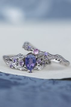 Custom order: Japanese Maple ring set with all natural pinkish purple sapphires | Eden Garden Jewelry™ Wedding Rings Engagement Amethyst, Purple Sapphire Ring Engagement, Rings Engagement Purple, Unique Engagement Rings Purple, Fantasy Rings Engagement, Purple Rings Engagement, Wedding Rings Purple, Engagement Rings Purple, Purple Wedding Ring