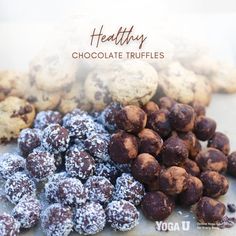 chocolate truffles are piled on top of each other with the words healthy above them