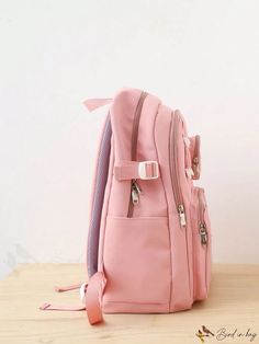 BirdinBag - Clear Detail Waterproof Pink Preppy Medium Classic Backpack Waterproof Backpack For Students, Waterproof Student Backpack, Pink Functional Study Backpack, Pink Bags For Outdoor And Back To School, Pink Backpack For Outdoor, Pink Standard Backpack For Outdoor, Nylon Bag With Adjustable Strap For Study, Pink Softback Backpack With Zipper Pocket, Trendy Pink Outdoor Backpack