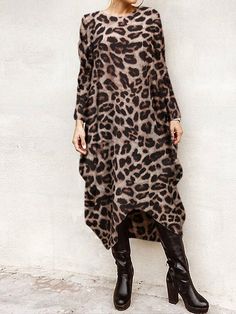 Leopard Print Long Sleeves O-neck Casual Dress Loose Midi Dress, Vestido Plus Size, Irregular Hem, Leopard Dress, Hippie Dresses, Sleeve Fashion, Brown Leopard, Tank Top Camisole, Plus Size Dress