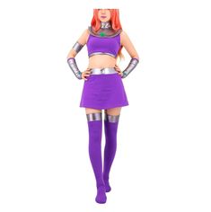 PRICES MAY VARY. Become Titan Starfire: Embrace your inner superheroine with this stunning Titan Starfire cosplay costume. Transform into Koriand'r, the alien princess with incredible powers, and join the ranks of the Titans. Princess Costume: This costume features a beautiful purple outfit inspired by Koriand'r's regal and elegant style. The design captures the essence of her character, with intricate details, vibrant colors, and a flattering fit. Complete Set: The costume includes not only the Starfire Halloween, Outfit With Stockings, Starfire Costume, Titans Starfire, Teen Titans Cosplay, Costumes 2023, Teen Halloween, Purple Outfit, Princess Costume