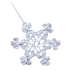 a crocheted snowflake ornament on a white background