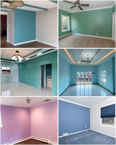 four different pictures of the inside of a house with blue and pink paint on the walls