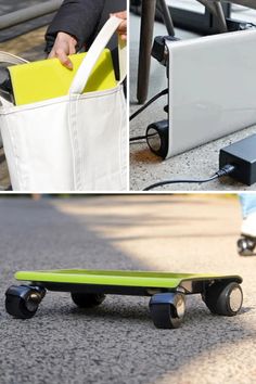 a skateboard with wheels and a bag attached to it, sitting on the ground