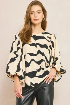 Entro Natural and black wave print blouse with long balloon sleeves