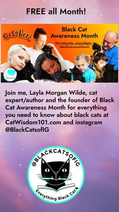 the flyer for black cat awareness month, with an image of people and cats on it