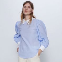 Zara Contrasting Poplin Blouse Size Small (S) Color: Light Blue Never Worn. Blue Collared Top With Cuffed Sleeves, Chic Spring Poplin Shirt, Blue Tops With Cuffed Sleeves For Fall, Blue Cuffed Sleeves Top For Office, Blue Puff Sleeve Shirt For Work, Blue Tops With Cuffed Sleeves For Office, Blue Office Tops With Cuffed Sleeves, Spring Blue Poplin Shirt, Collared Poplin Blouse For Office