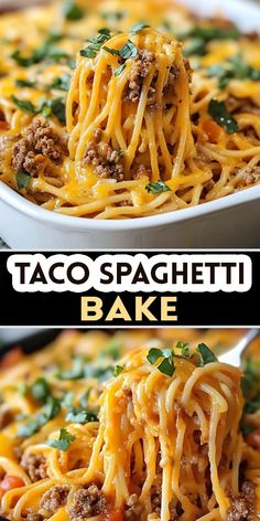 two pictures of taco spaghetti with meat and cheese