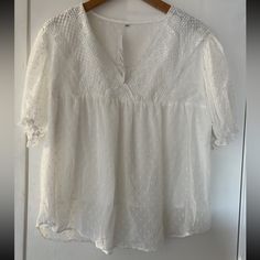 Nwt Gaovot Blouse. Beautiful Embroidery In The Neck Area And Puff Sleeves With Dots. White Color Size Large. Casual Swiss Dot V-neck Blouse, Casual V-neck Top With Swiss Dot Details, Spring V-neck Swiss Dot Top, Casual V-neck Swiss Dot Blouse, Casual V-neck Swiss Dot Top, V-neck Broderie Anglaise Blouse For Daywear, Daywear V-neck Top With Broderie Anglaise, Summer White Swiss Dot Blouse, V-neck Broderie Anglaise Top For Daywear